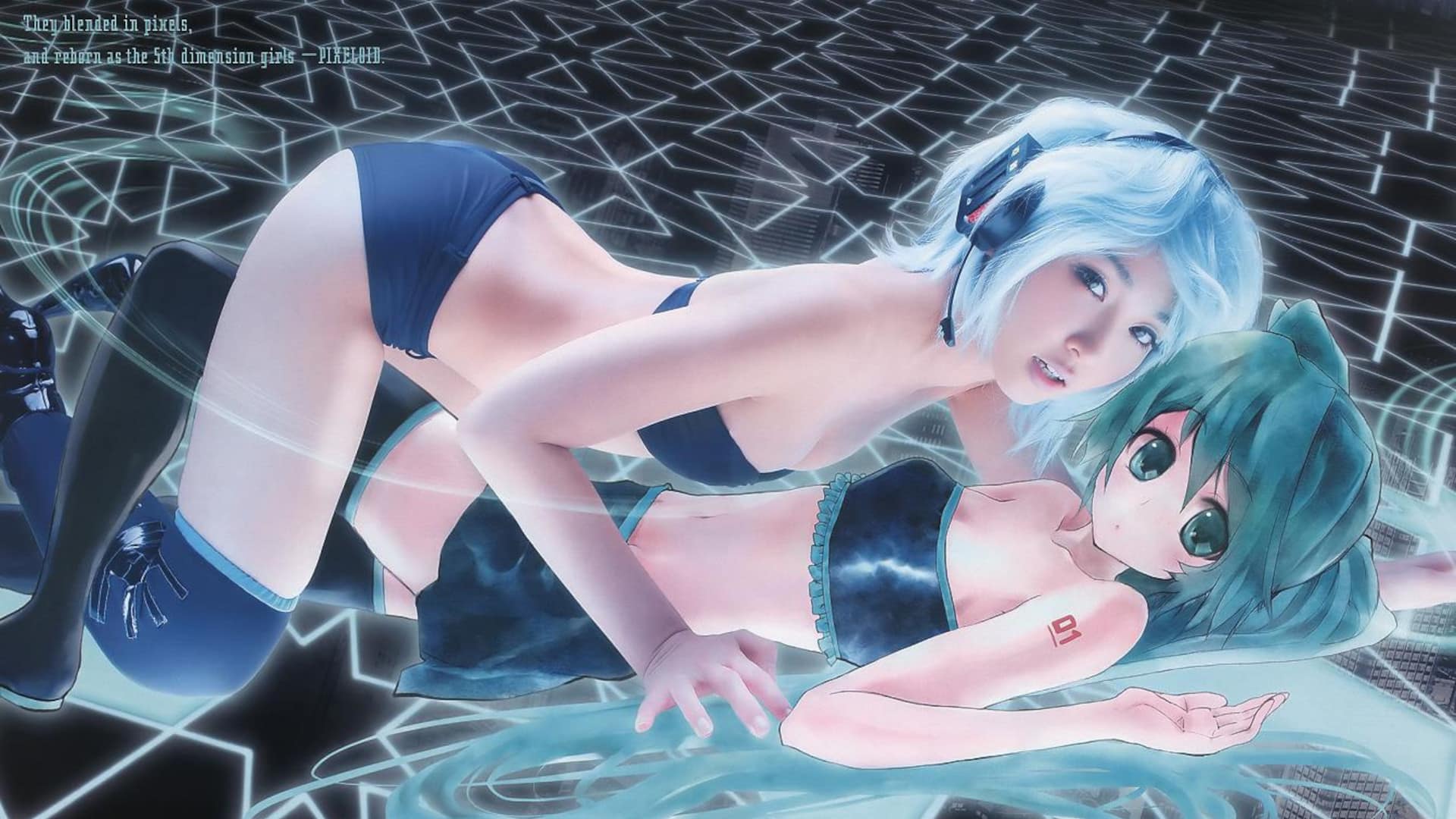 Alluring Asian woman with vibrant blue hair in detailed cosplay, posing gracefully on the floor. Stunning desktop wallpaper.